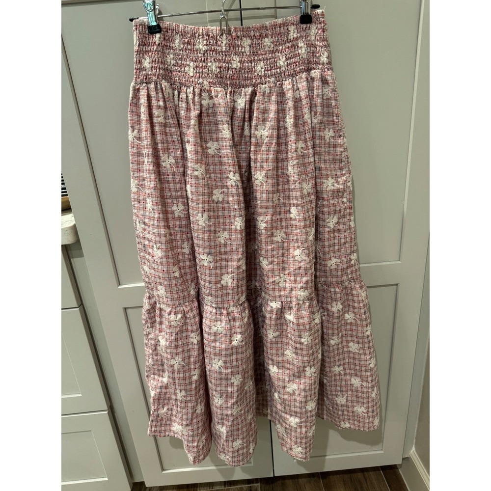 En Saison Pink Plaid Floral Embroidered Smocked Tiered Maxi Skirt Small Cotton